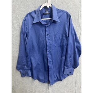 Geoffrey Beene Fitted Dress Shirt Mens XL 17.5 34/35 Blue Sateen Wrinkle Free